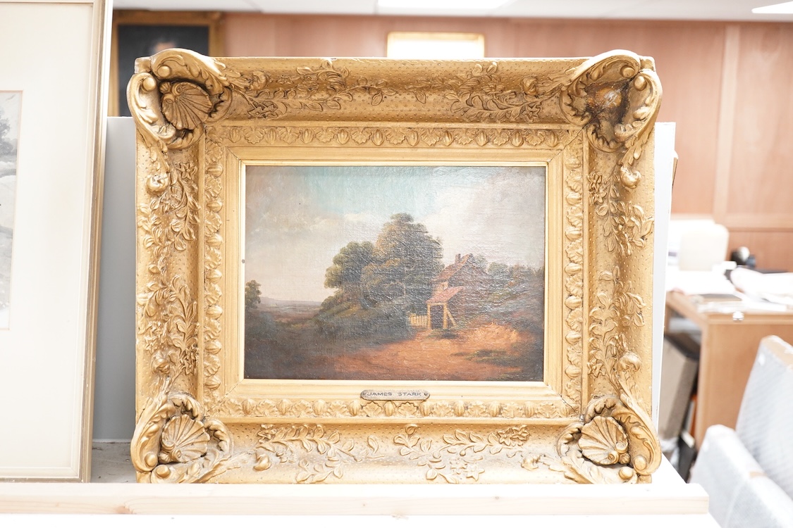 Manner of James Stark (1794-1859), pastoral landscape, unsigned, 20 x 29cm, applied plaque to the ornate gilt frame, oil on canvas